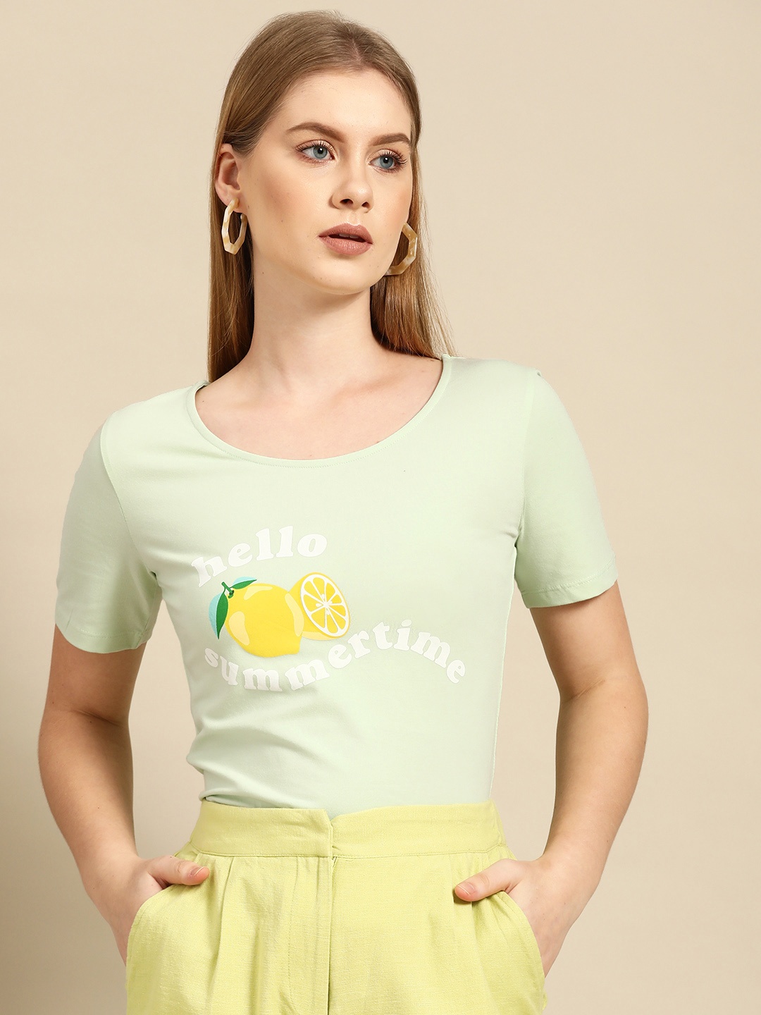 

COVER STORY Women Green & White Printed T-Shirt