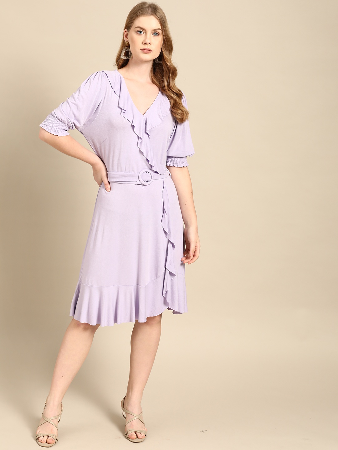 

COVER STORY Lavender Solid Ruffled Wrap Dress, Purple