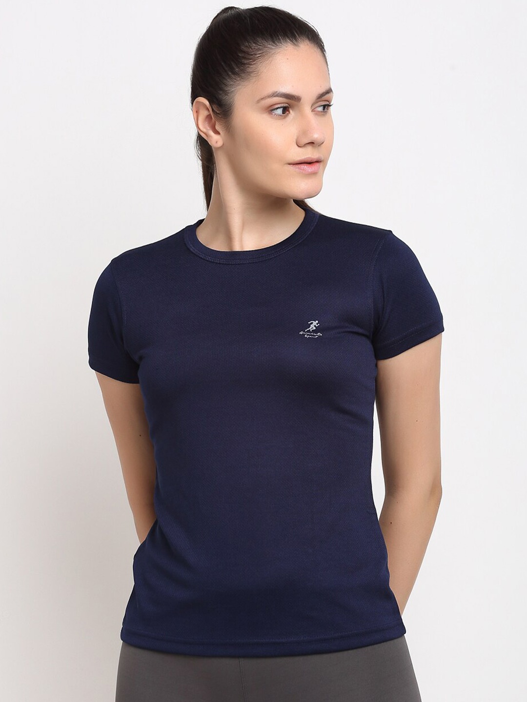 

ARMISTO Women Navy Blue Dri-FIT Slim Fit Training or Gym T-shirt