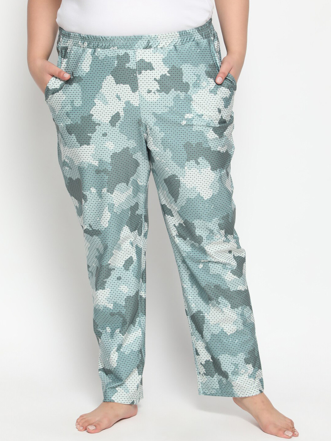 

Amydus Women Plus Size Sea Green & Off-White Camouflage Printed Lounge Pants