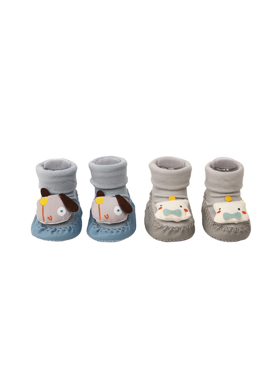 

KICKS & CRAWL Unisex Kids Pack of 2 Blue & Beige Bobby & Doggy Patterned Baby Booties
