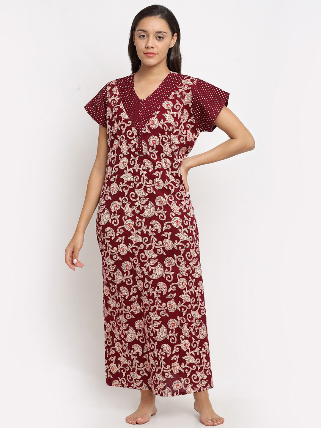 

Secret Wish Maroon Printed Maxi Cotton Nightdress NT-E284-1060