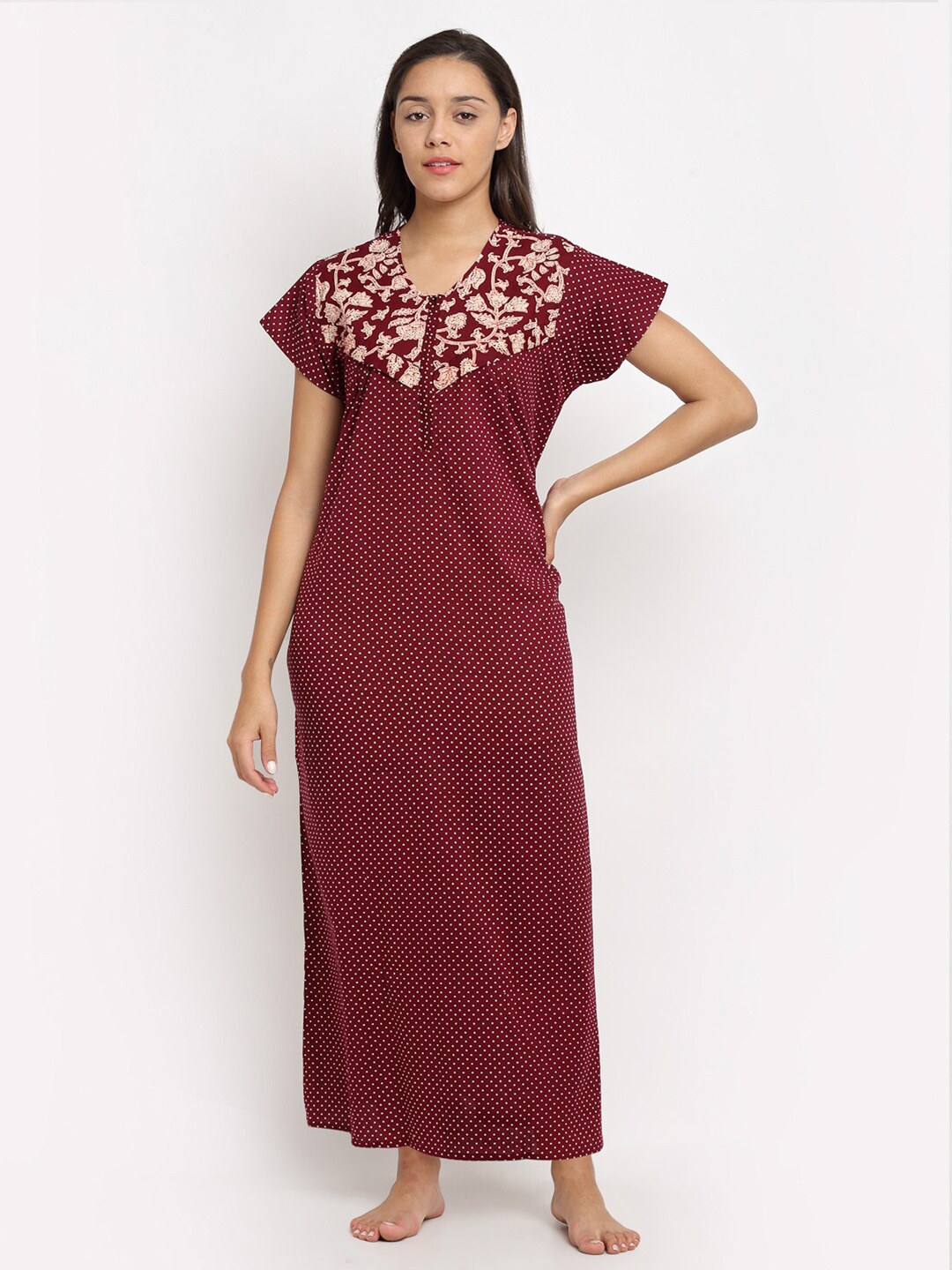 

Secret Wish Maroon Printed Maxi Cotton Nightdress NT-E283-1057