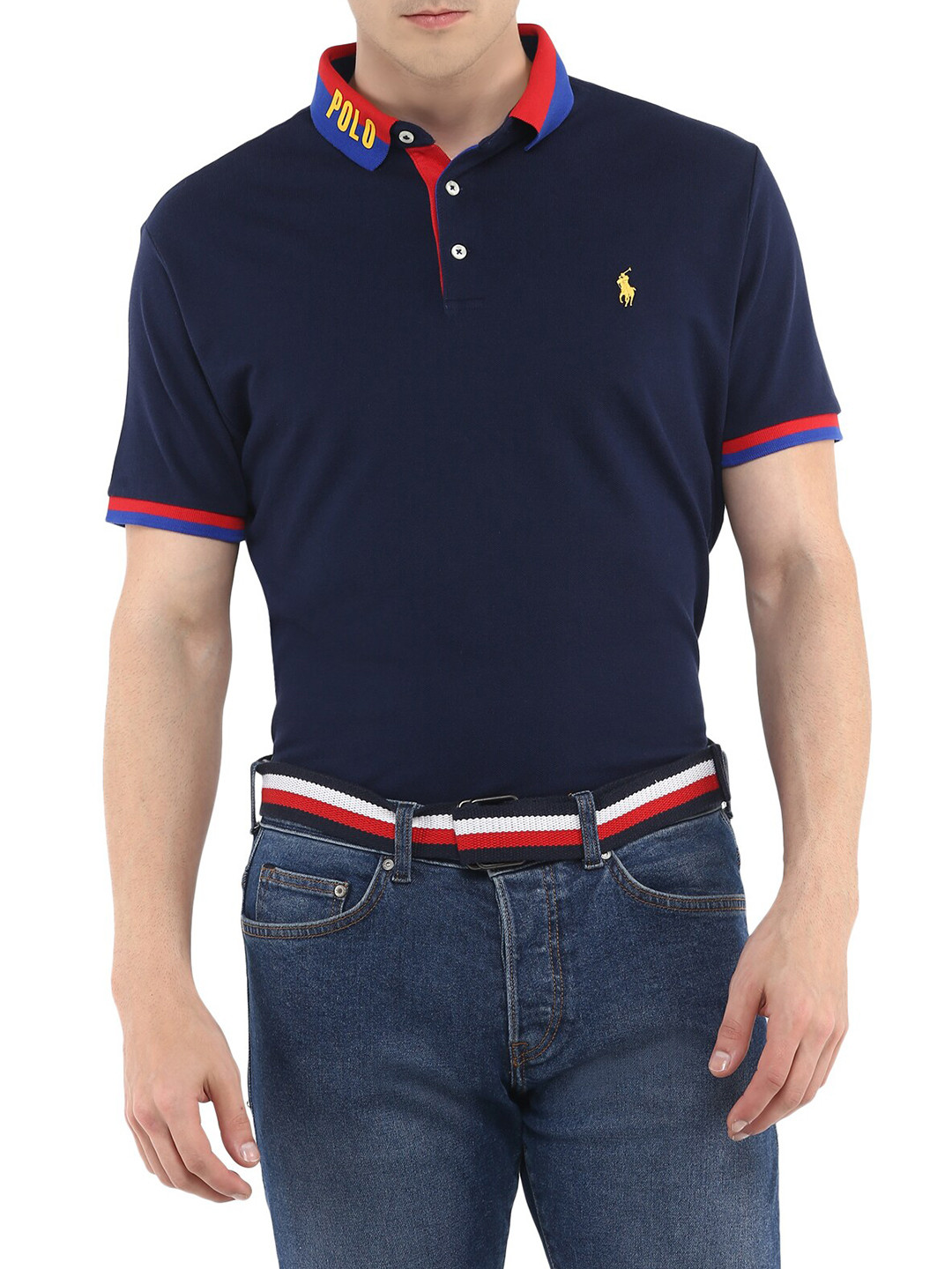 

Polo Ralph Lauren Men Navy Blue & Red Colourblocked Polo Collar T-shirt