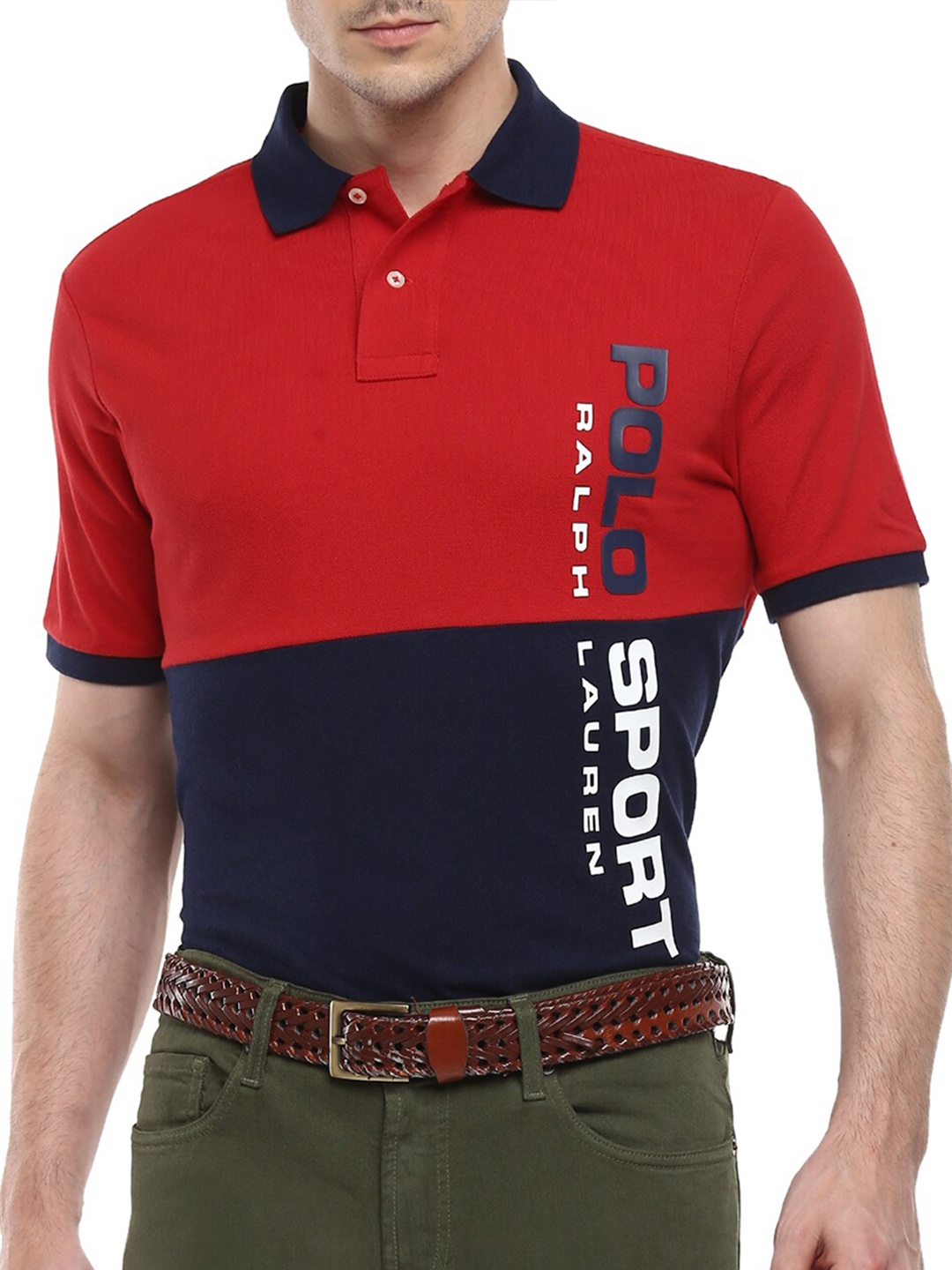 

Polo Ralph Lauren Men Red & Navy Blue Colourblocked Polo Collar T-shirt