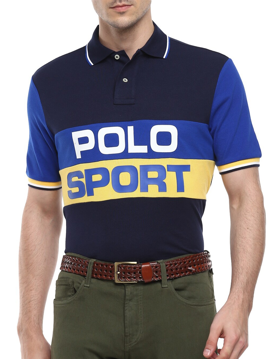 

Polo Ralph Lauren Men Navy Blue Typography Colourblocked Polo Collar Slim Fit Pure Cotton T-shirt