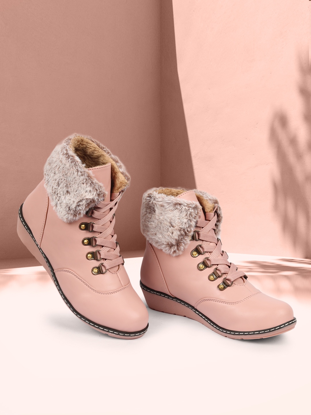 

ZAPATOZ Women Pink Solid Heeled Boots With Faux Fur Detail