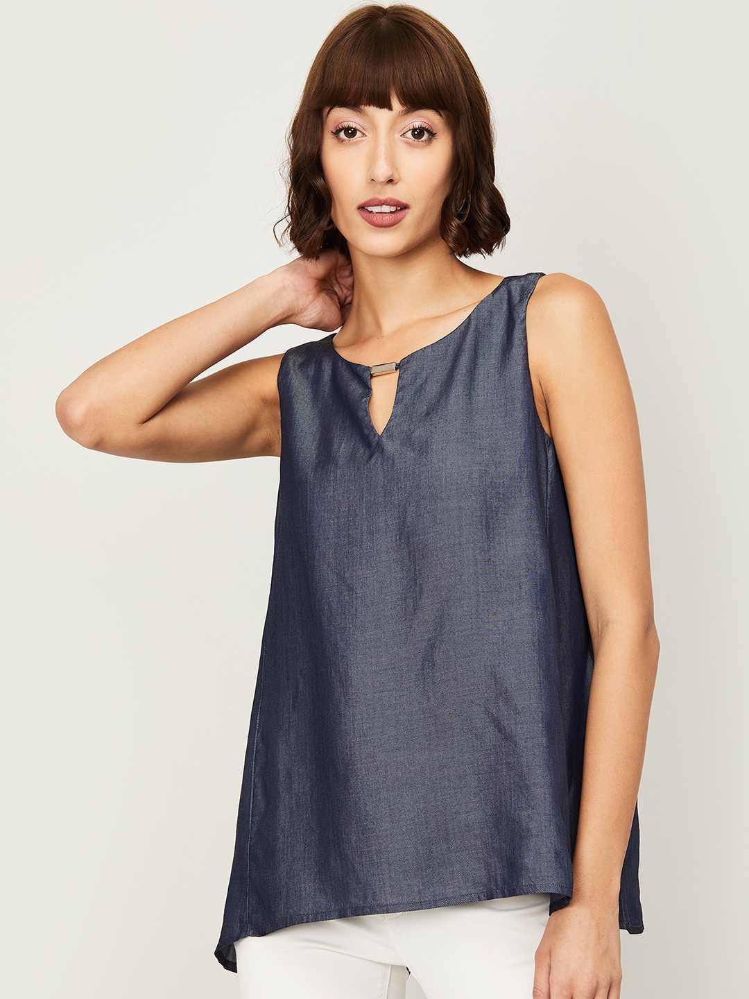 

CODE by Lifestyle Women Blue Keyhole Neck A-Line Top