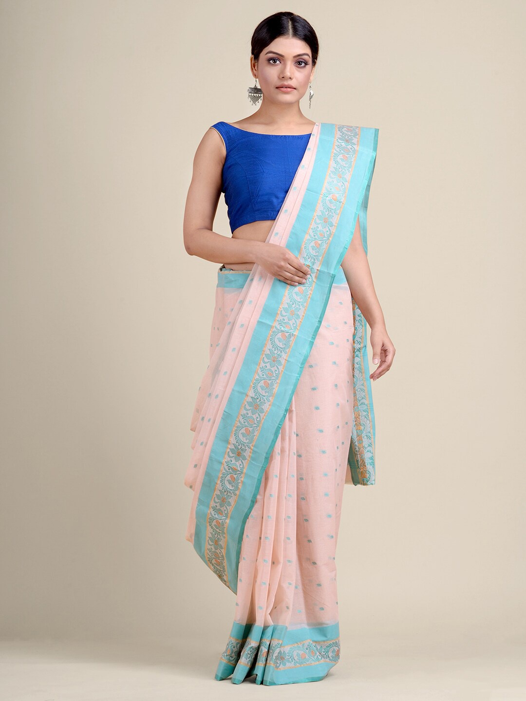

Charukriti Pink & Turquoise Blue Pure Cotton Taant Saree