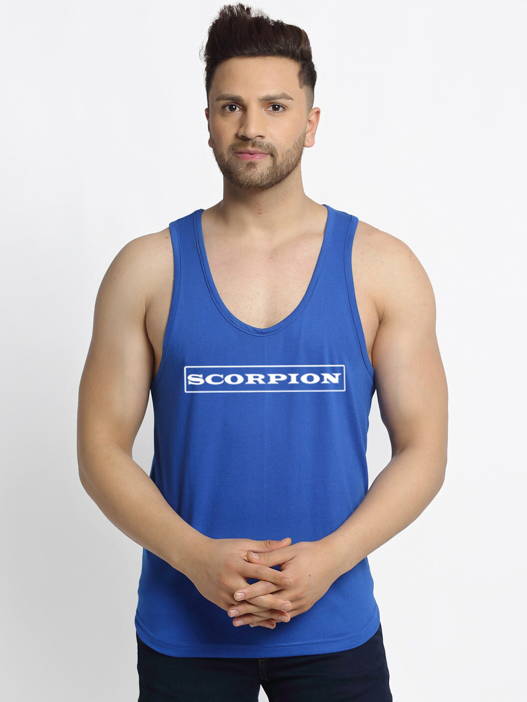 

Friskers Men Blue & White Printed Pure Cotton Gym Vest