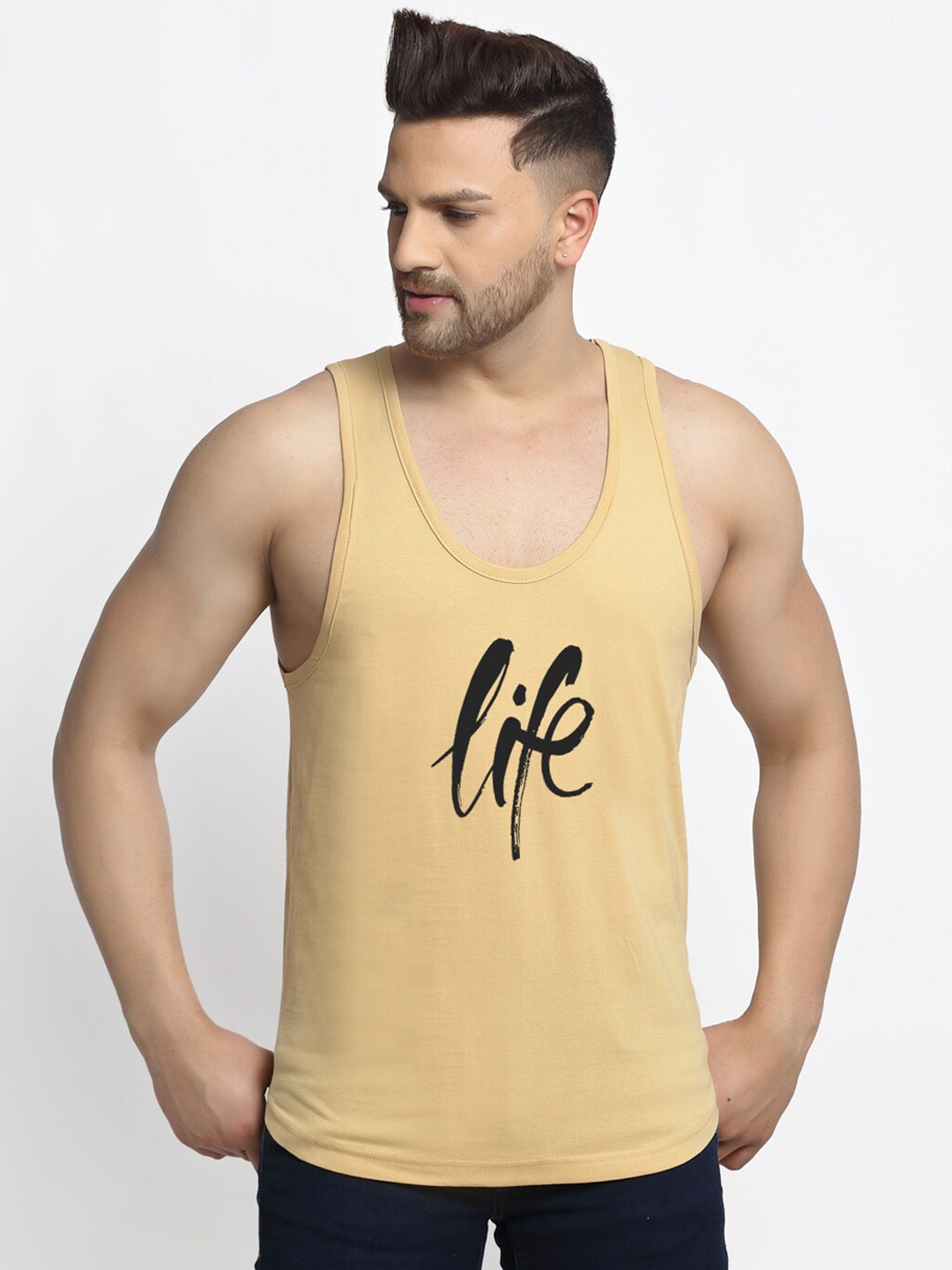 

Friskers Men Beige & Black Life Printed Pure Cotton Gym Vest C213-09
