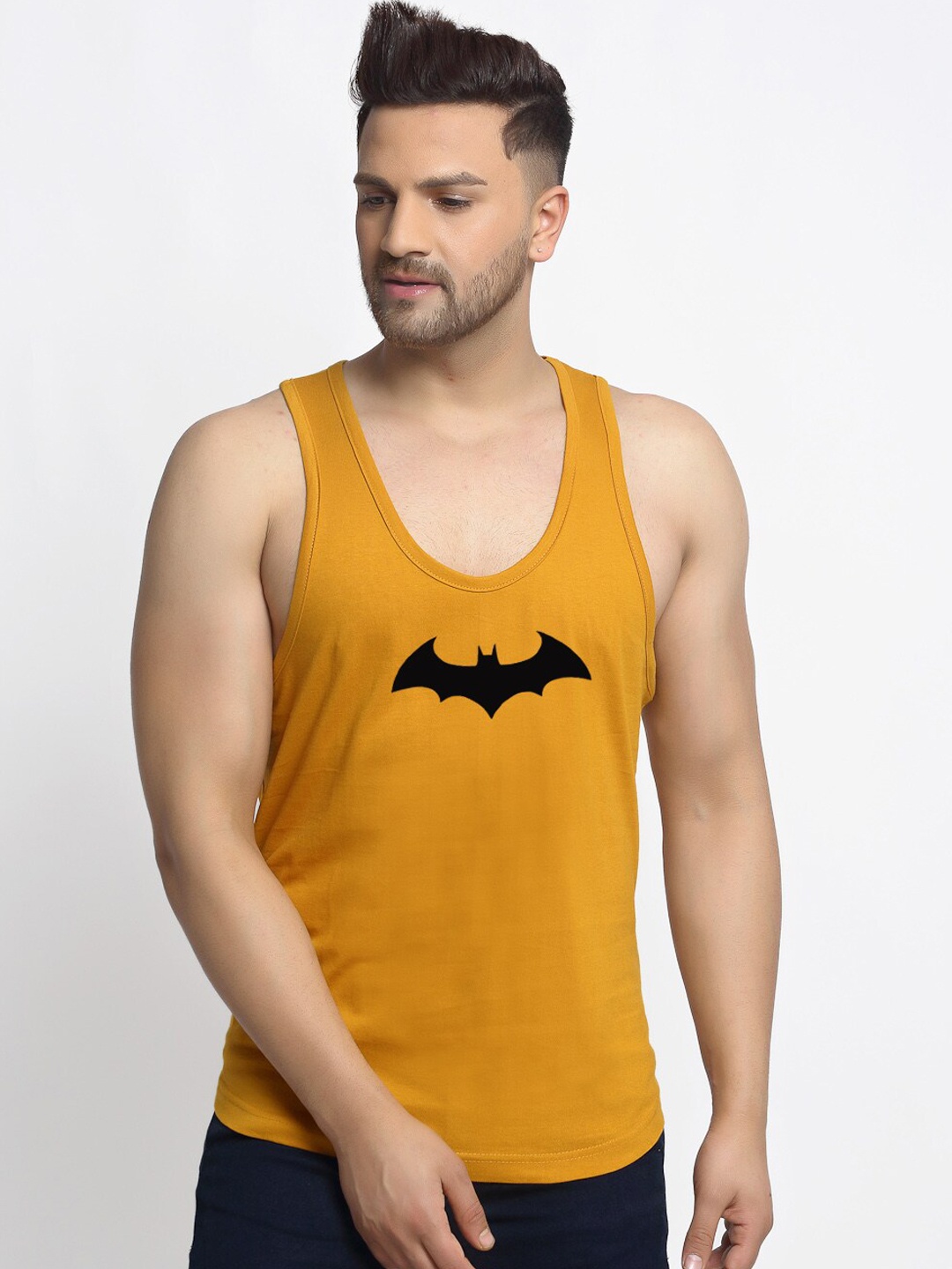 

Friskers Men Mustard Yellow Batman Printed Pure Cotton Innerwear Vest