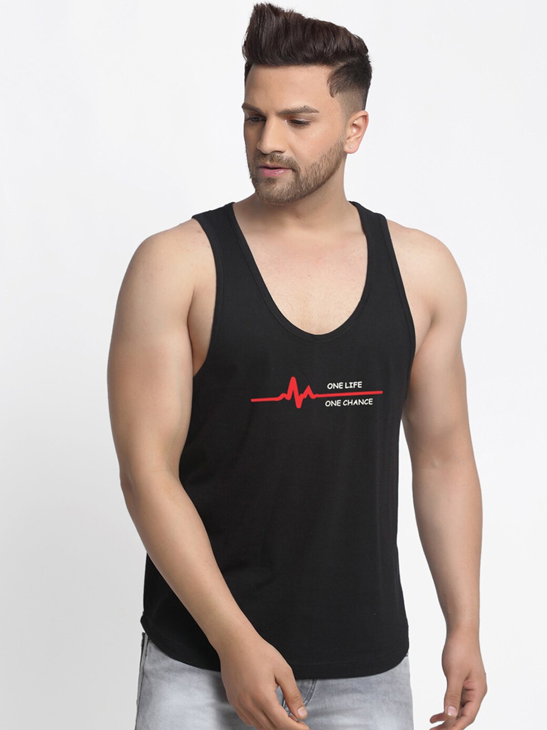 

Friskers Men Black & Red One Life Printed Pure Cotton Gym Vest