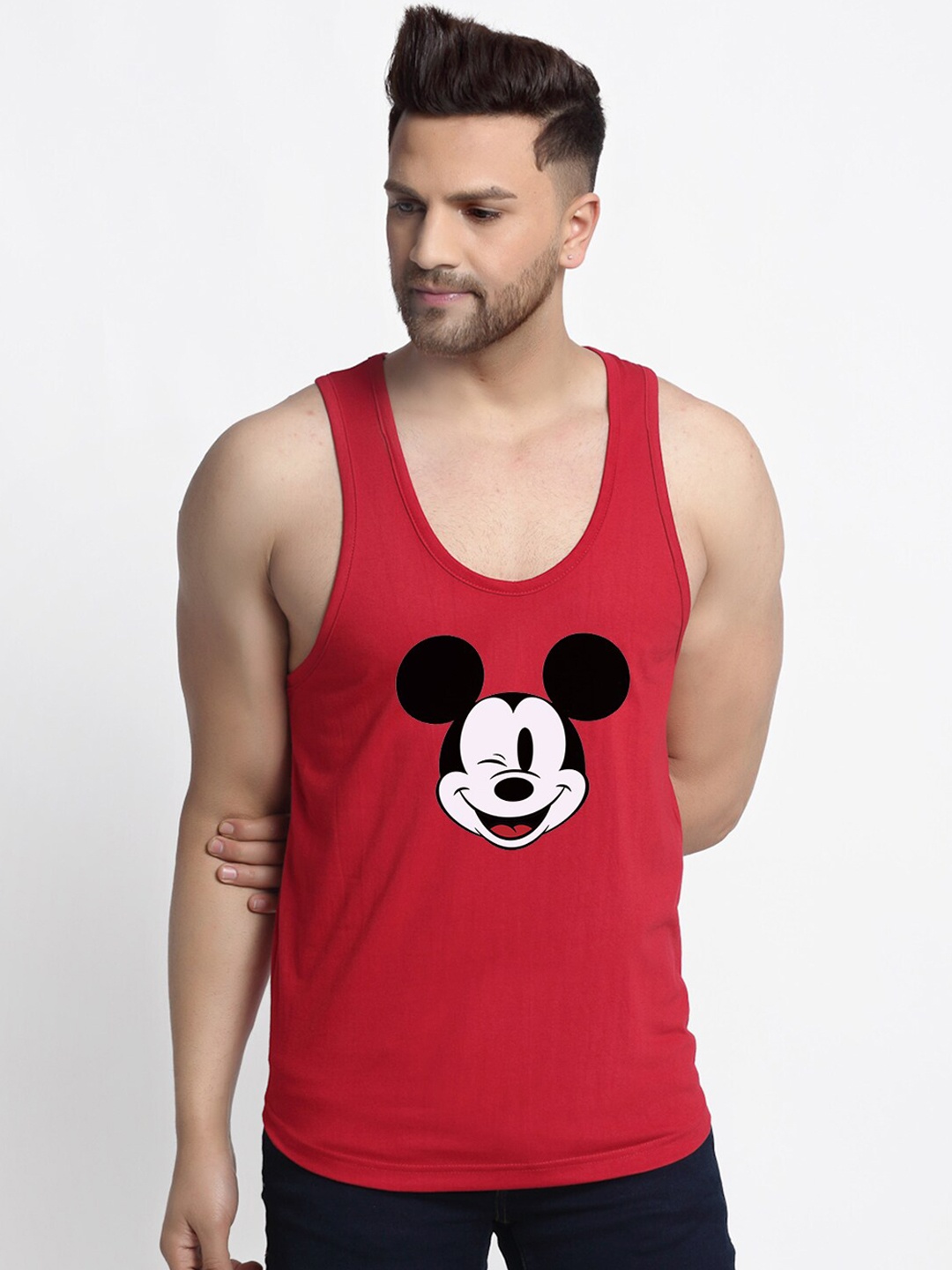 

Friskers Men Maroon & White Mickey Mouse Printed Pure Cotton Innerwear Vest