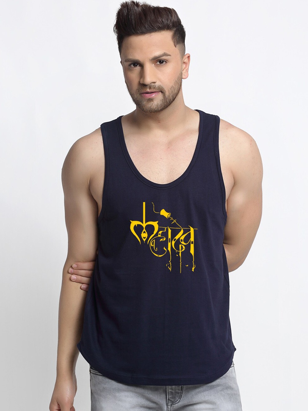

Friskers Men Navy Blue & Yellow Mahadev Printed Pure Cotton Apple Cut Gym Vest