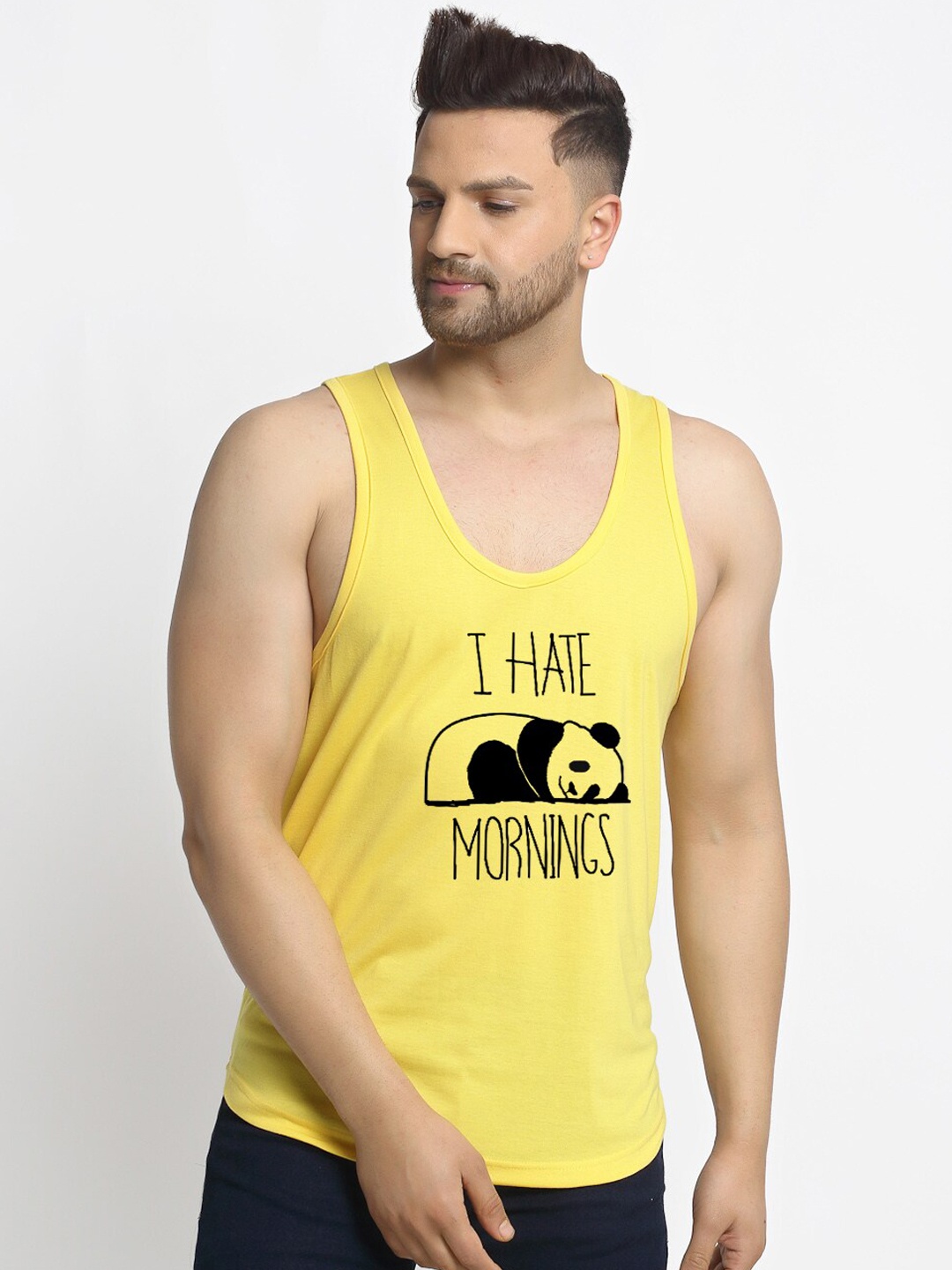 

Friskers Men Yellow & Black Typography Printed Pure Cotton Gym Vest