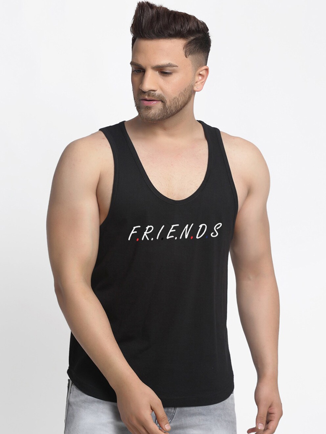 

Friskers Men Black & White Friends Printed Pure Cotton Gym Vest