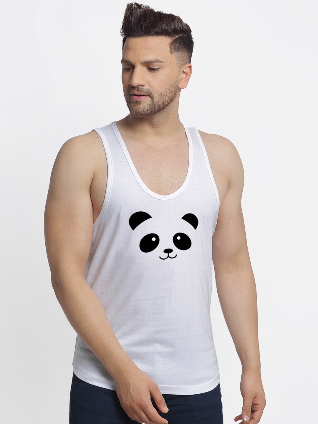 

Friskers Men White & Black Panda Printed Pure Cotton Apple Cut Gym Vest