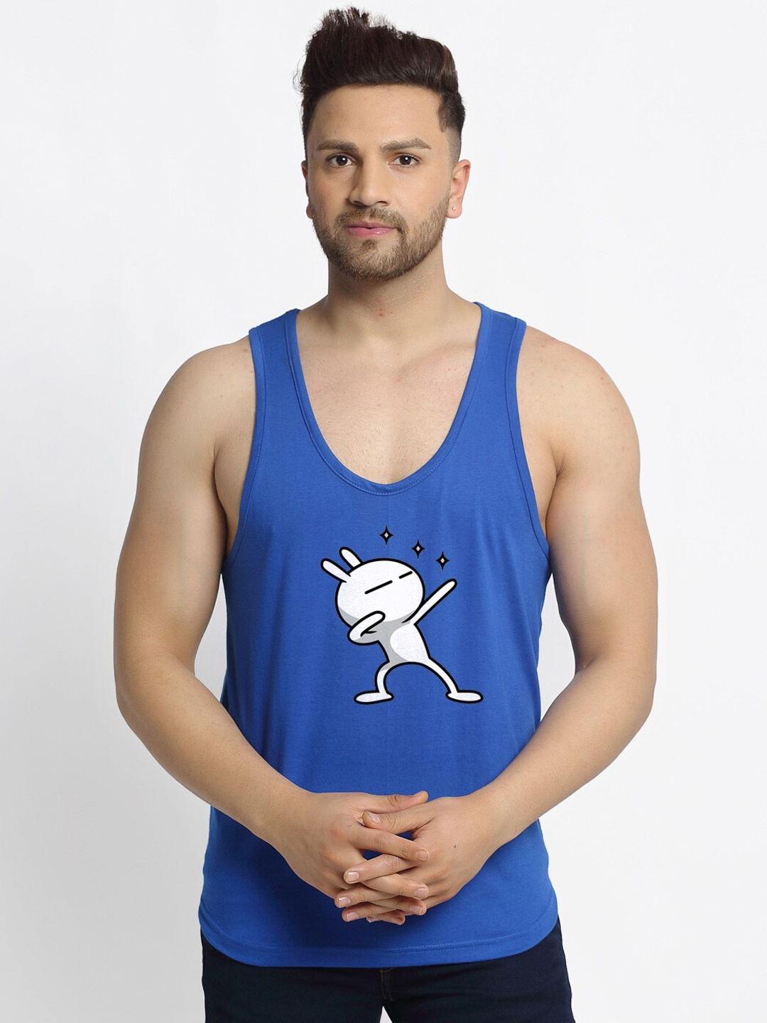 

Friskers Men Blue & White Three Star Printed Pure Cotton Innerwear Vest C38-05