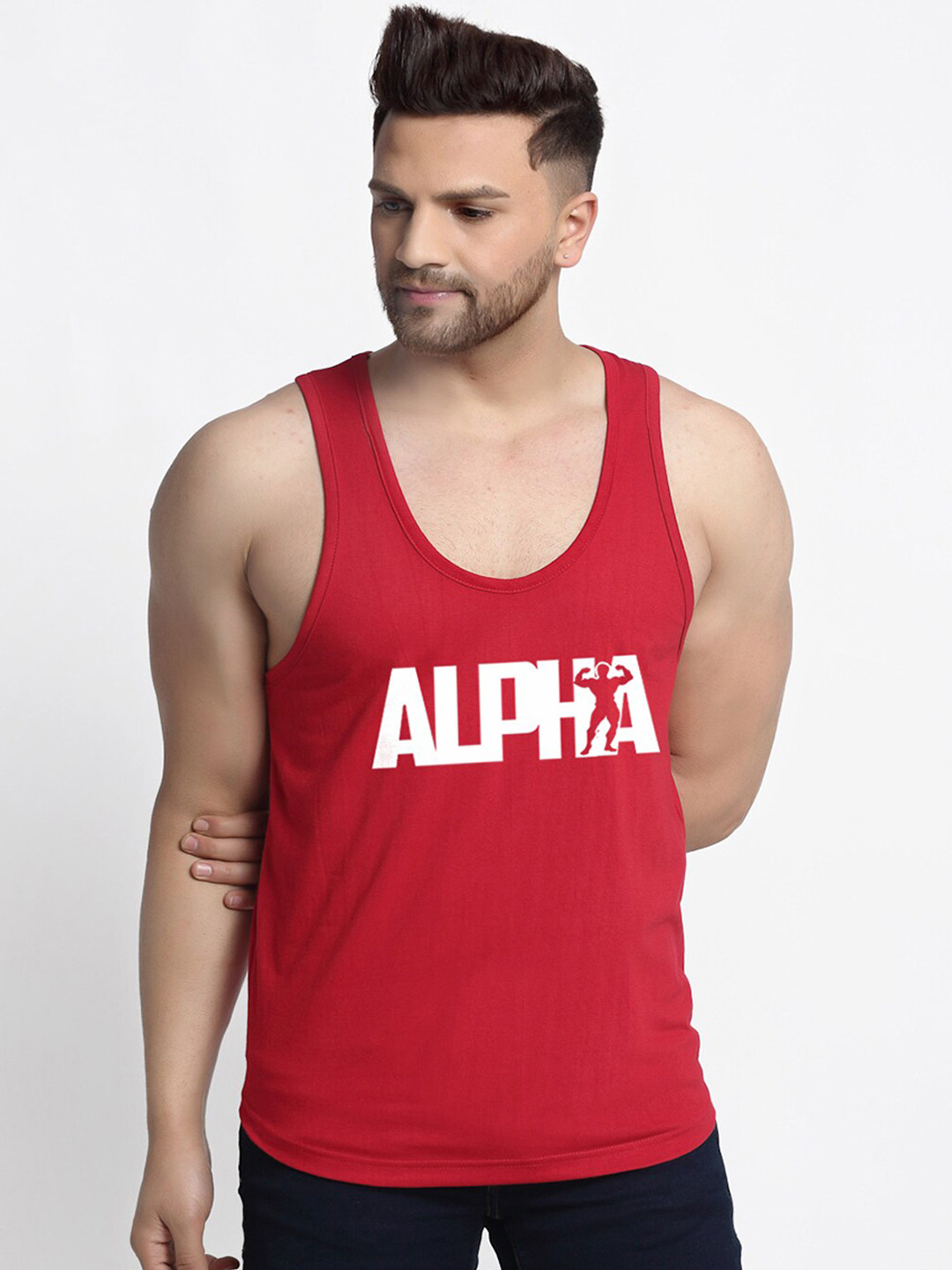 

Friskers Men Red & White Alpha Printed Pure Cotton Apple Cut Gym Vest C177-14