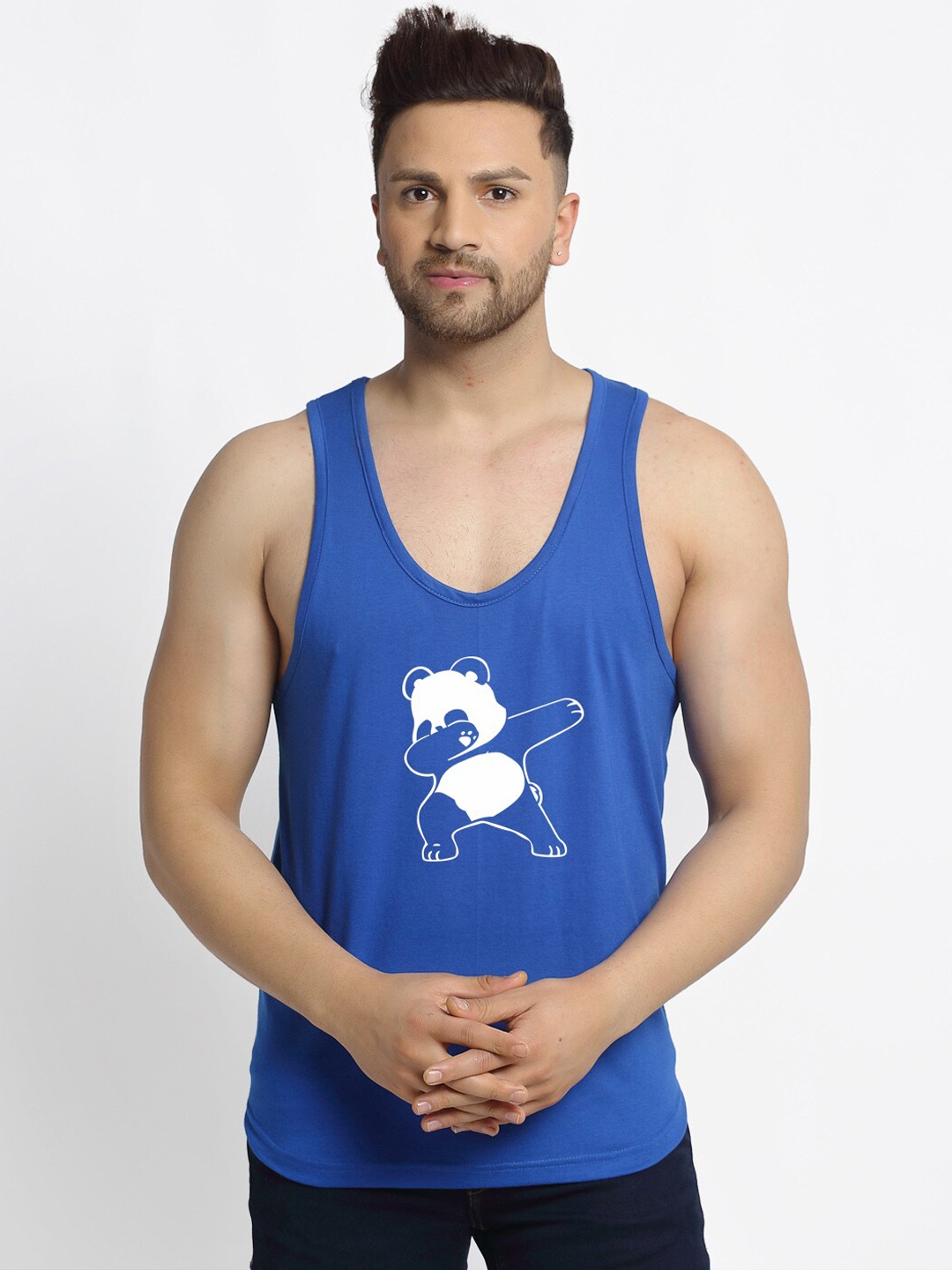 

Friskers Men Blue & White Panda Printed Pure Cotton Apple Cut Gym Vest C63-05