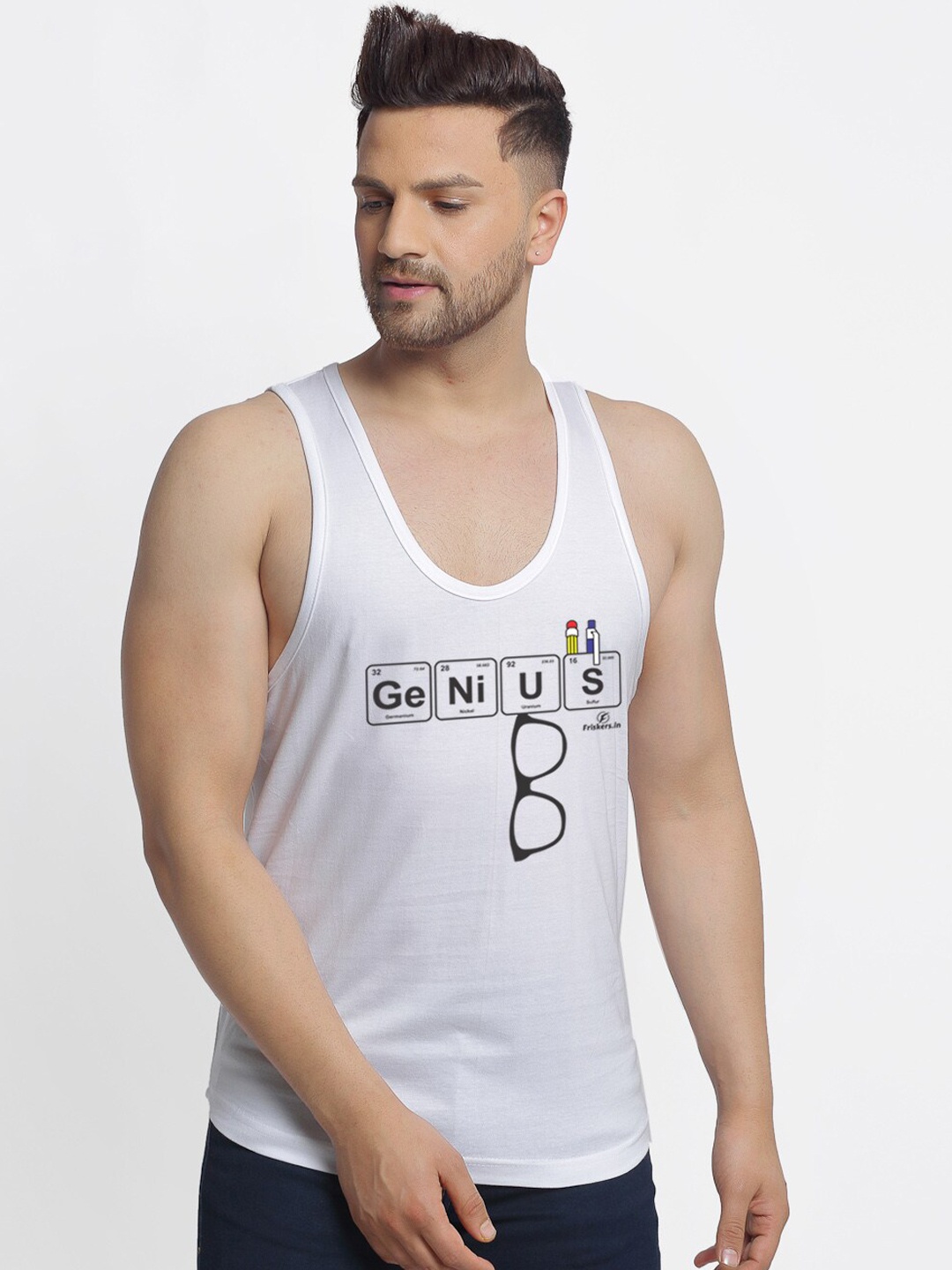

Friskers Men White & Black Genius Printed Pure Cotton Apple Cut Innerwear Vest