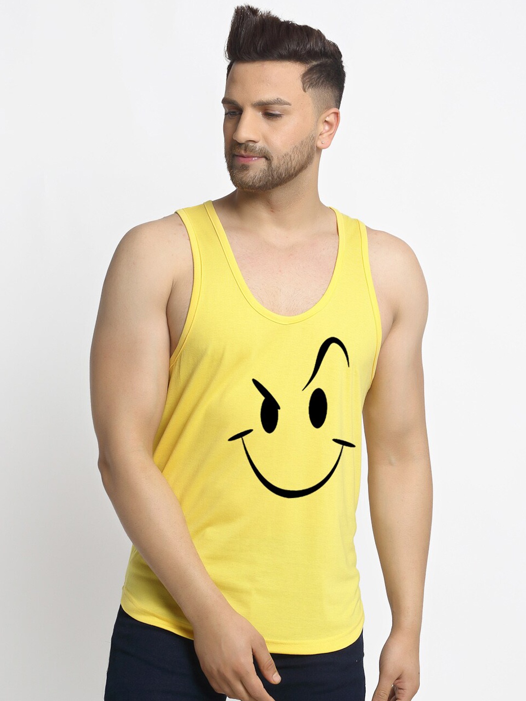 

Friskers Men Yellow Smiley Printed Gym Vest