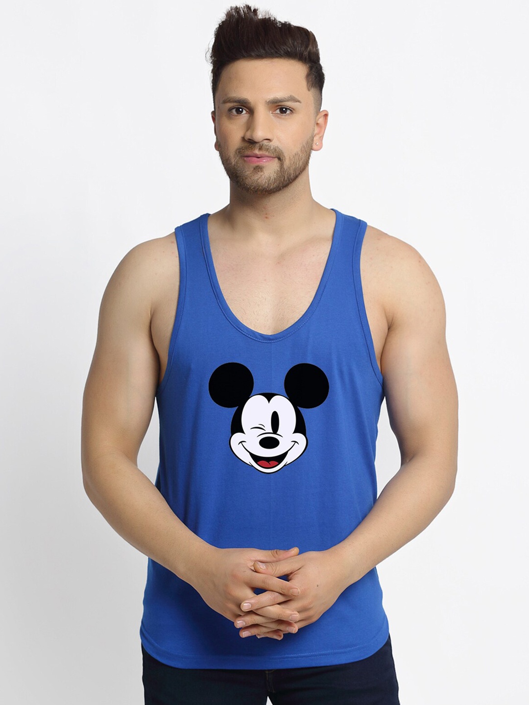 

Friskers Men Blue & White Mickey Mouse Printed Pure Cotton Gym Vest