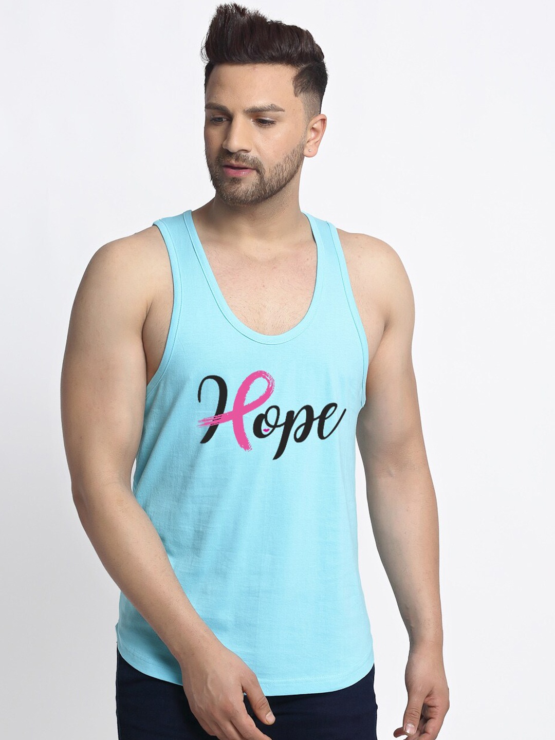 

Friskers Men Turquoise-Blue & Black Hope Printed Pure Cotton Apple Cut Innerwear Vest