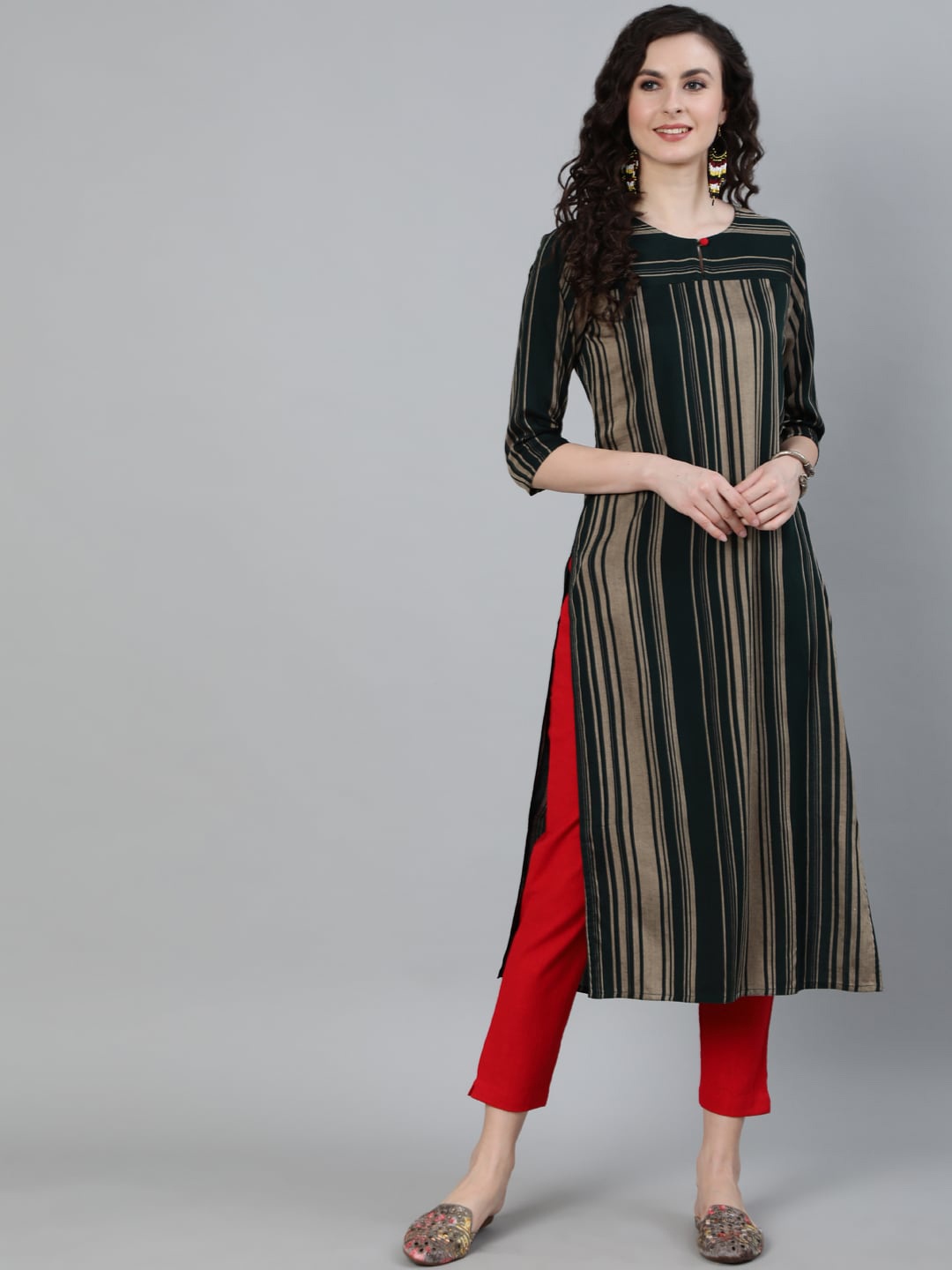 

Jaipur Kurti Women Green Printed Keyhole Neck Handloom Kurta