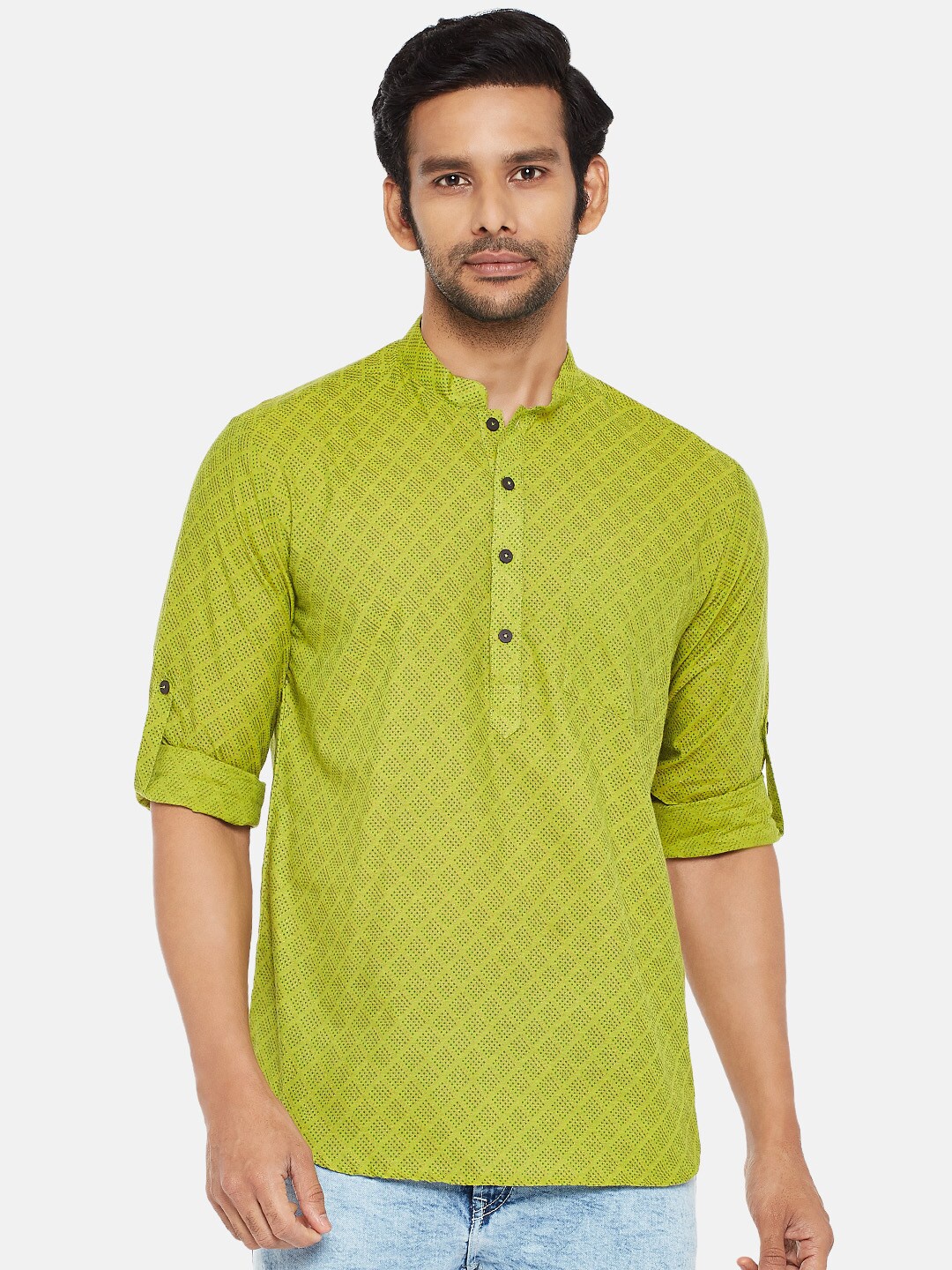 

indus route by Pantaloons Men Lime Green Geometric Kurta