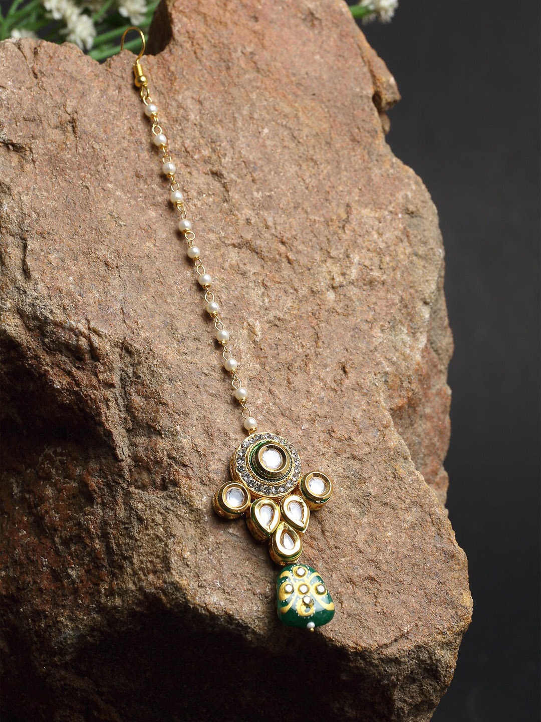 

Ruby Raang Gold-Plated White Faux Kundan-Studded & Faux Pearls Beaded & Faux Stones Meenakari Maangtikka