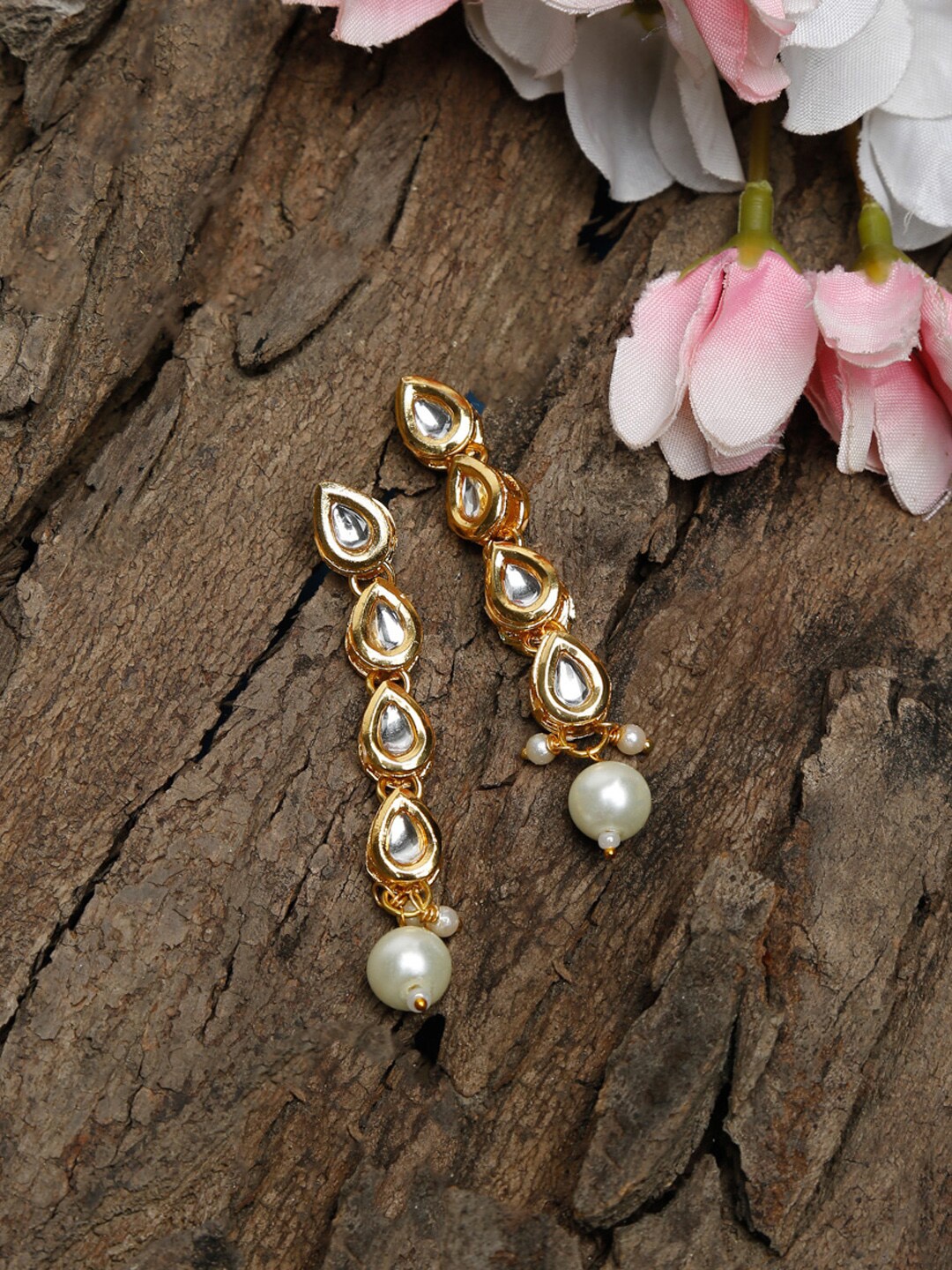 

Ruby Raang Gold-Toned Kundan Studded & Pearl Beaded Contemporary Drop Earrings