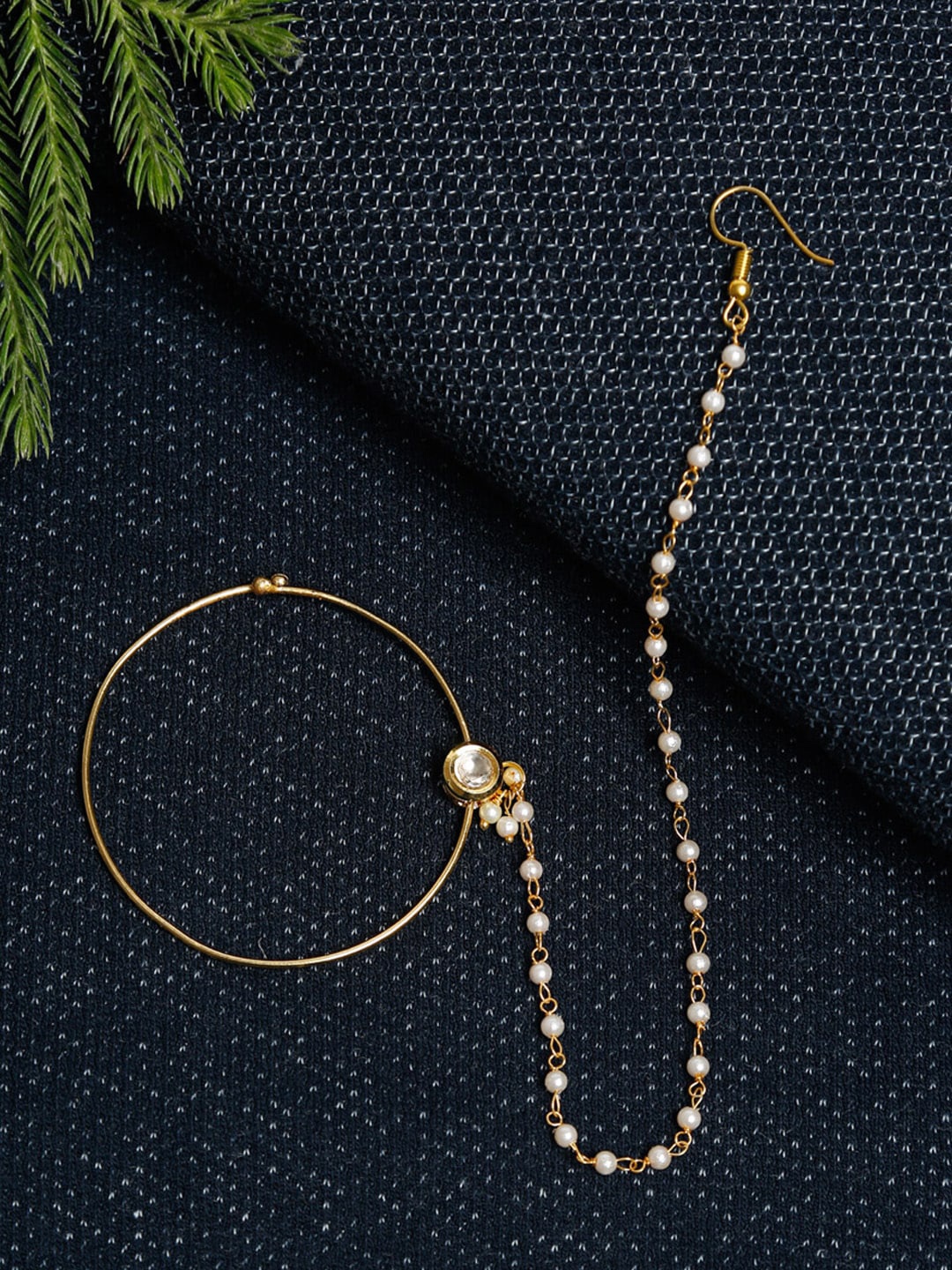 

Ruby Raang Gold-Plated White Faux Kundan & Pearl Beaded Handcrafted Chained Nose Ring