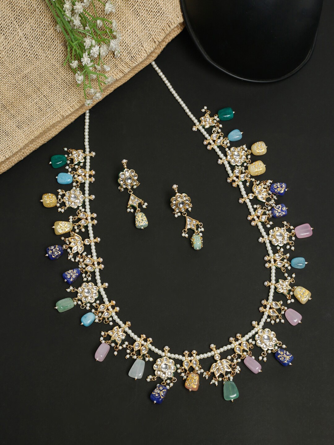

Ruby Raang Gold-Toned & White Faux Kundan-Studded & Pearl Beaded Jewellery Set