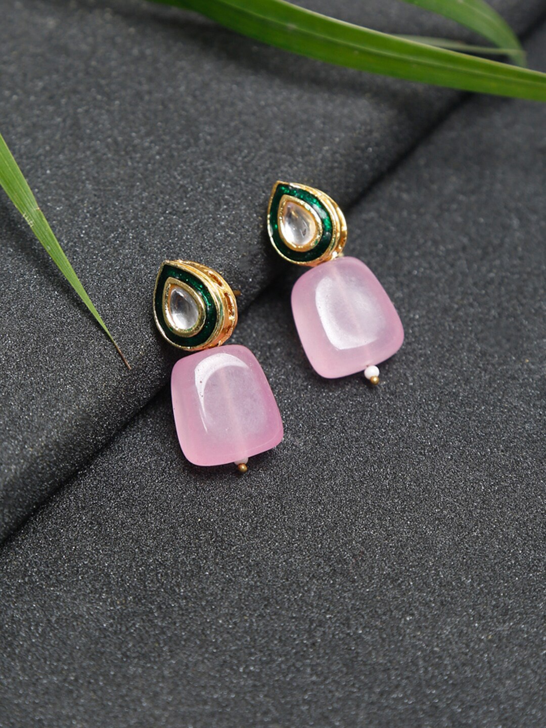 

Ruby Raang Pink Gold-Plated Contemporary Kundan Stoned Handcrafted Drop Earrings
