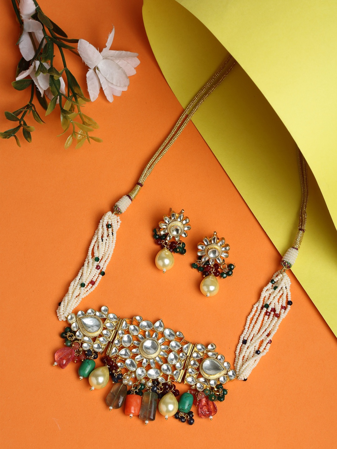 

Ruby Raang Gold-Toned & Off White Kundan-Studded Beaded Meenakari Handcrafted Jewellery Set