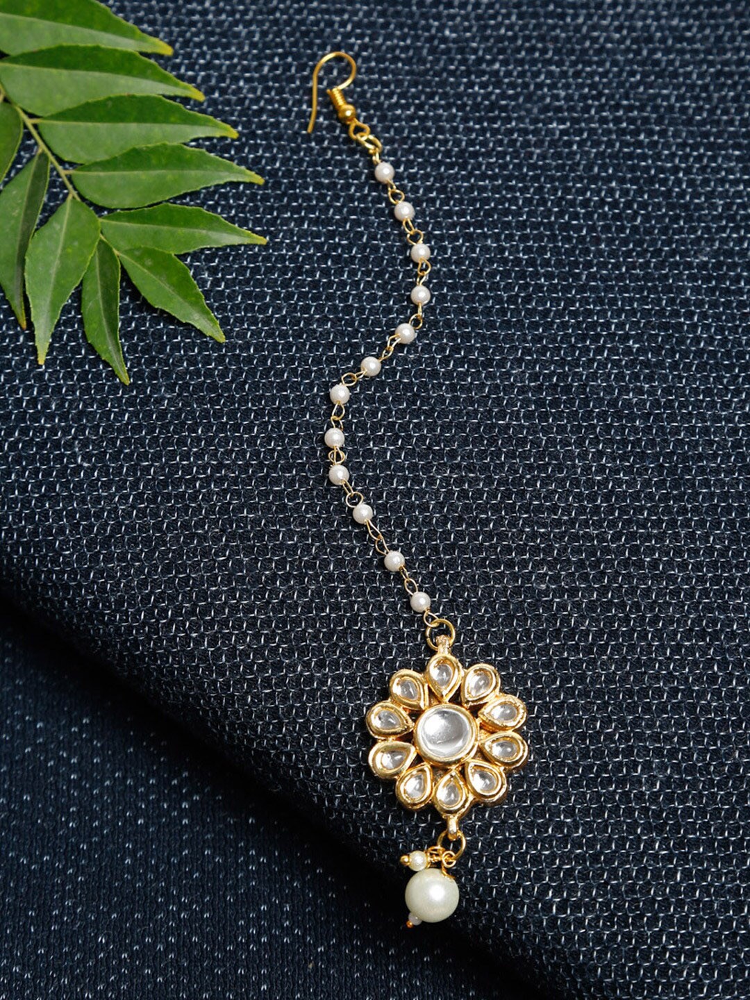 

Ruby Raang Gold-Plated & White Faux Kundan-Studded Handcrafted Maang Tikka