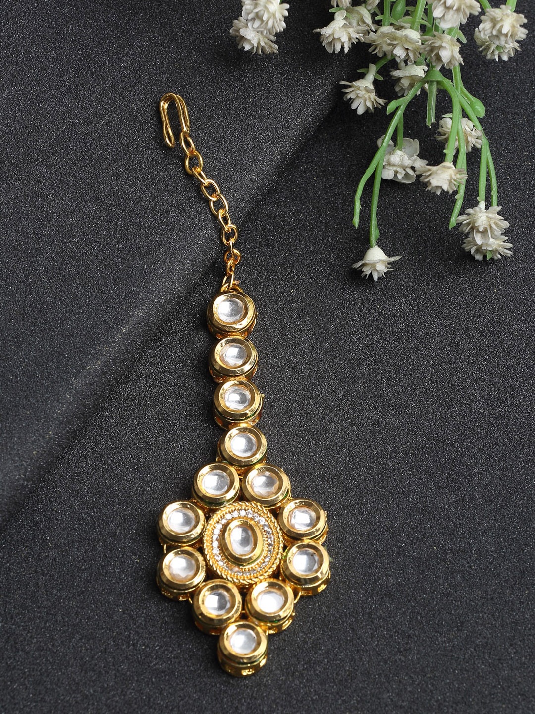 

Ruby Raang Gold-Plated White Faux Kundan & Stone-Studded Handcrafted Maang Tika