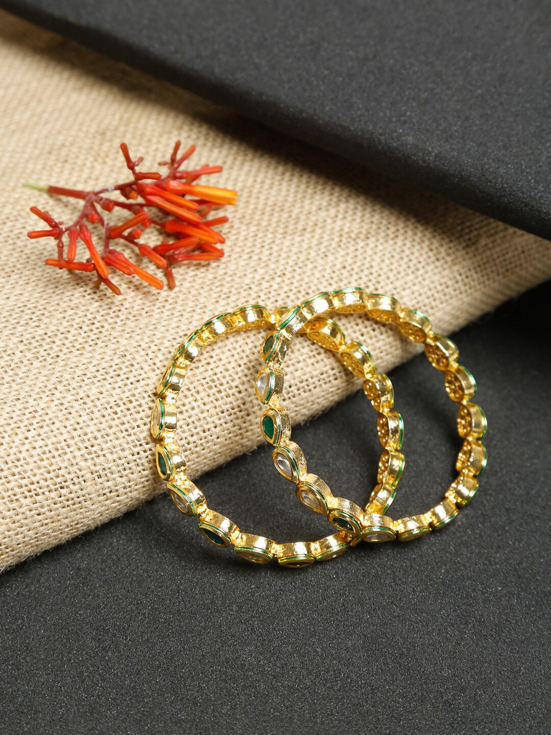 

Ruby Raang Set Of 2 Gold-Plated White & Green Faux Kundan-Studded Handcrafted Meenakari Bangles