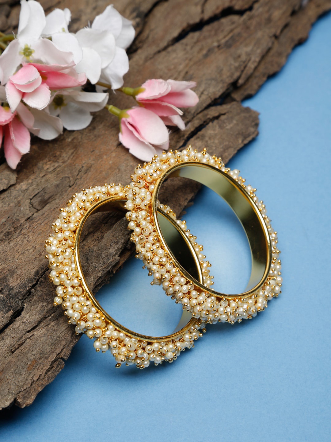 

Ruby Raang Set of 2 Gold-Plated & Faux Pearl-Studded Bangles