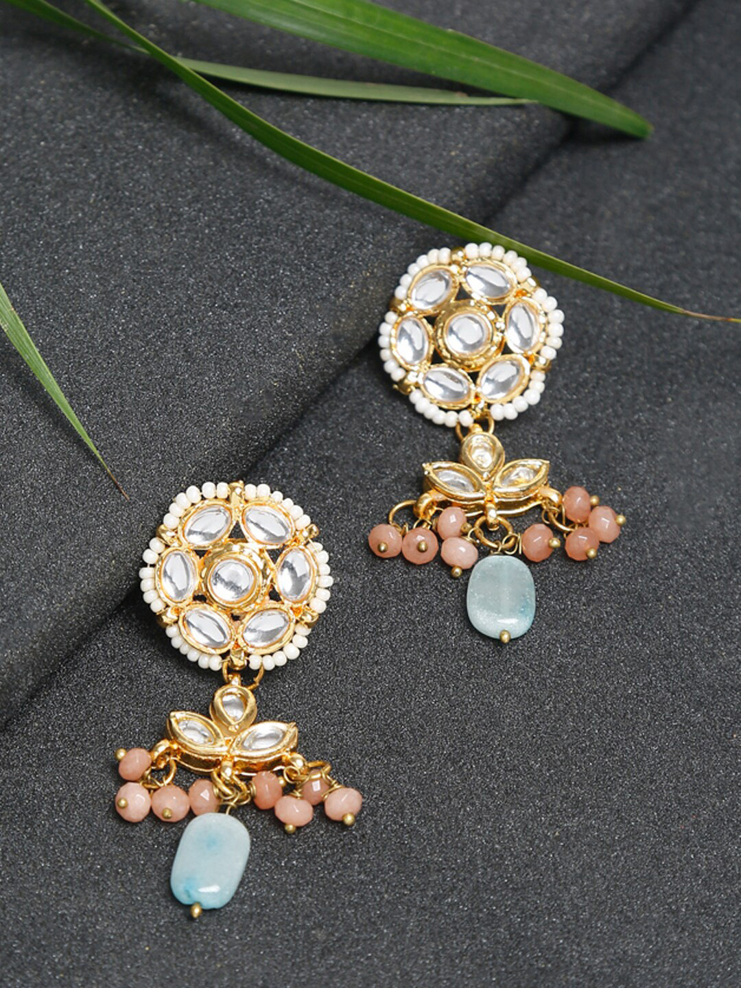 

Ruby Raang Gold-Toned Pink Beaded & Kundan Studded Floral Drop Earrings