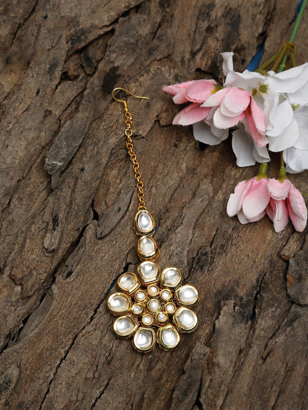 

Ruby Raang Gold-Plated White Faux Kundan-Studded Handcrafted Maang Tika