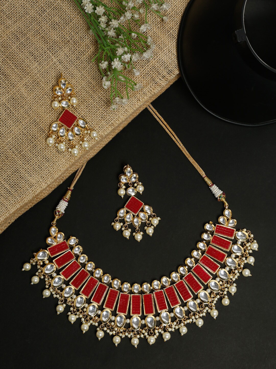 

Ruby Raang Gold-Toned & Red Faux Kundan-Studded Pearl Beaded Meenakari Handcrafted Jewellery Set