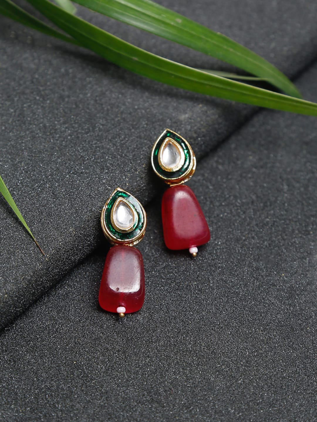 

Ruby Raang Gold-Toned Red Beaded & Kundan Studded Contemporary Drop Earrings