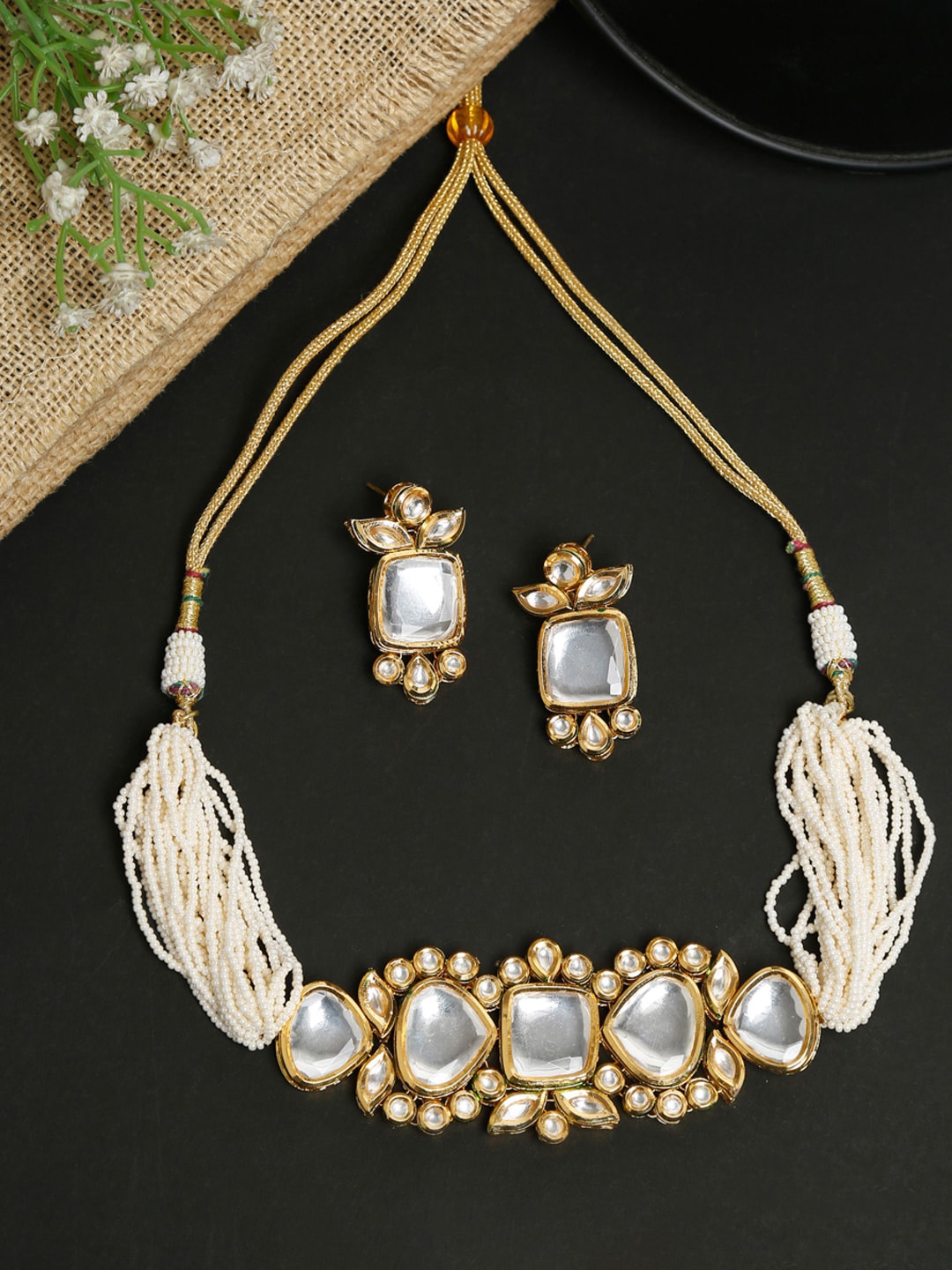 

Ruby Raang Gold-Toned & White Kundan-Studded & Pearl Beaded Handcrafted Meenakari Jewellery Set