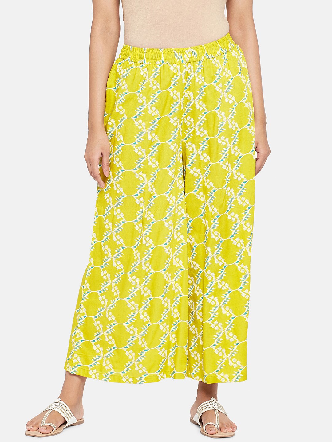 

RANGMANCH BY PANTALOONS Women Lime Green & White Ethnic Motifs Printed Palazzos