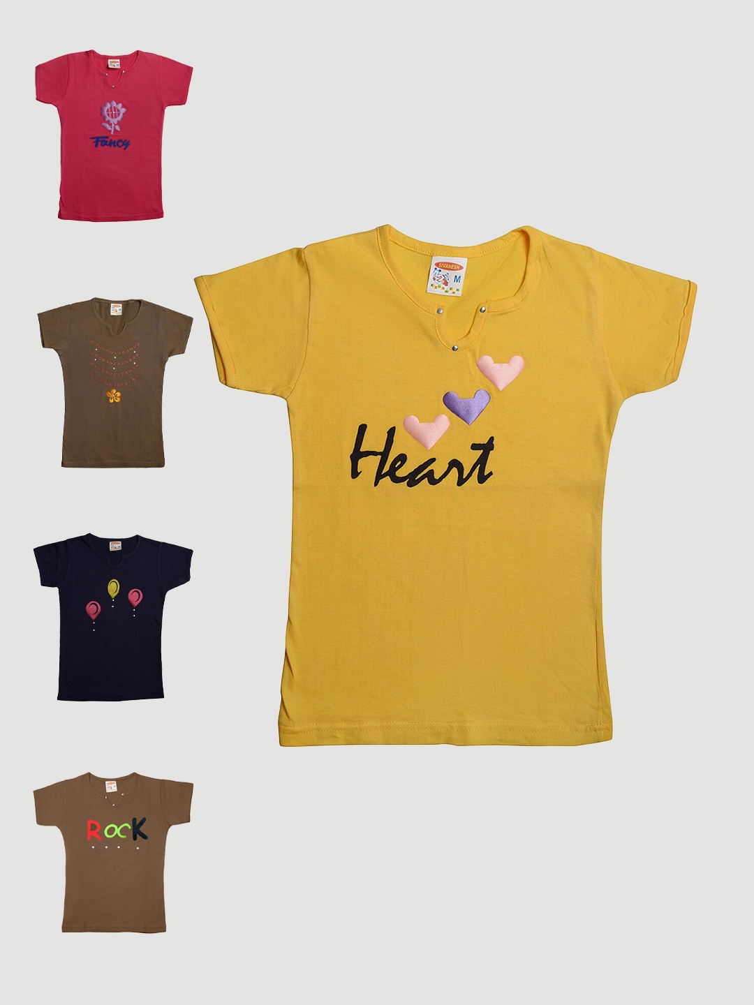 TINY HUG Girls Pack Of 5 Printed Slim Fit T-shirt, Red