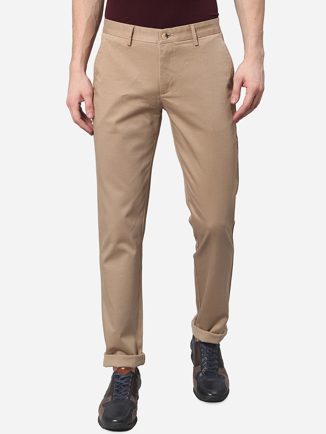

Greenfibre Men Cotton Khaki Solid Slim Fit Regular Trousers