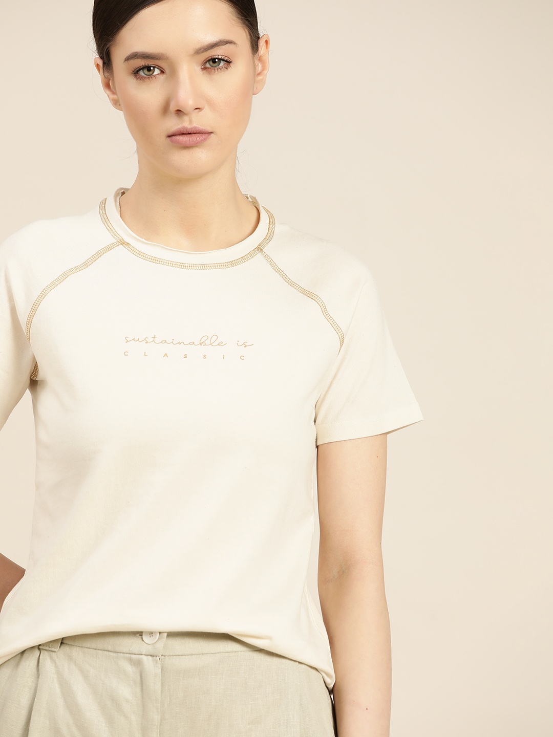 

ether Kora Collection Women Off-White Sustainable Unbleached Fabric Pure Cotton T-shirt